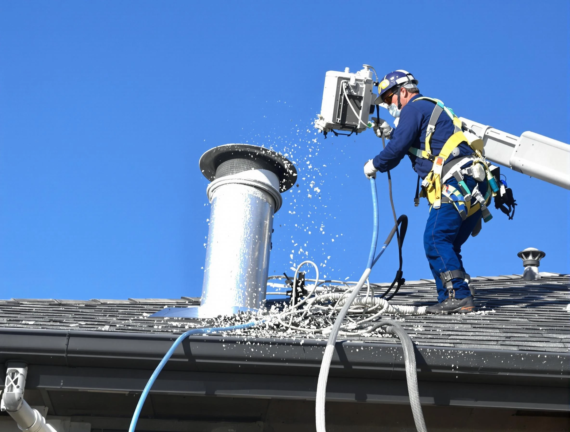 Tecumseh Dryer Vent Cleaning certified technician safely cleaning a roof-mounted dryer vent in Tecumseh